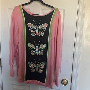Bob Mackie Pink and Black Butterfly Long Sleeve Sweater